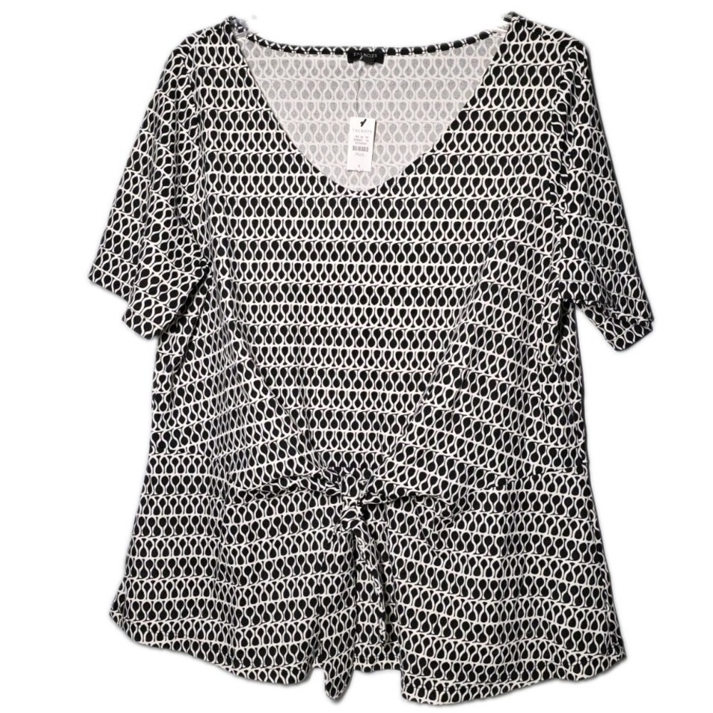 Talbots Sz X Black and White Geometric Print V Neck Short Tie at Waist Knit Top